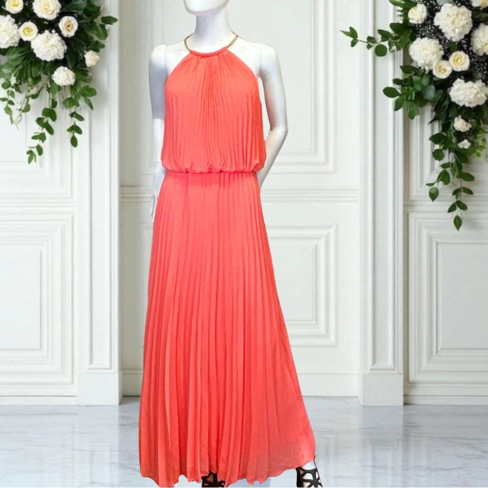 Dress Barns Women's Coral Pleated Long Dress Size 6 Halter Neck Maxi Gown NWT!